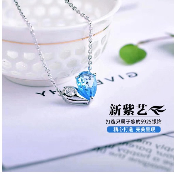 爆款韩版S925纯银镶嵌水晶项链女 创意心形吊坠毛衣链首饰定制