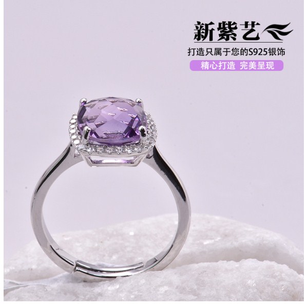 爆款韩版S925银镶嵌天然水晶戒指女定制 创意时尚紫水晶手饰饰品