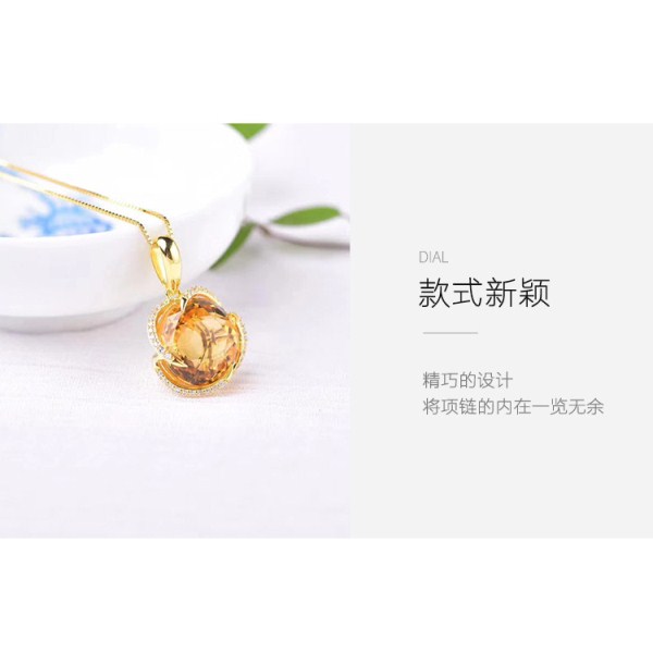 2018新款S925银镶嵌黄水晶花卉项链吊坠女 甜美风格首饰饰品批发