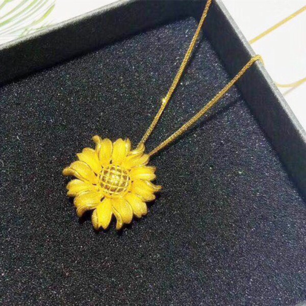 真金999足金向日葵吊坠黄金项链3D硬金花蕊项链 黄金首饰一件代发